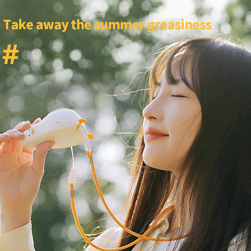 (HOME+) Lying Flat Duck Neck Hanging Fan Mini Cute Cartoon USB Charging Student Outdoor Portable Handheld Small Fan