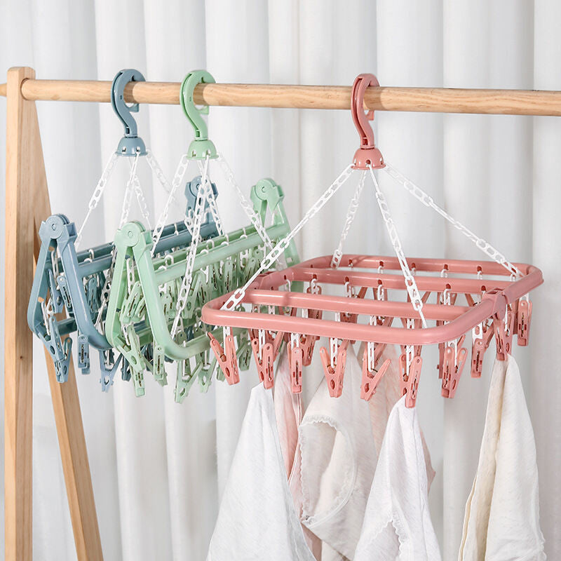 (HOME+) Folding Hanging Clothes Rack With 32 Clips and Multifunctional Windproof and Sun Drying Clothes Rack