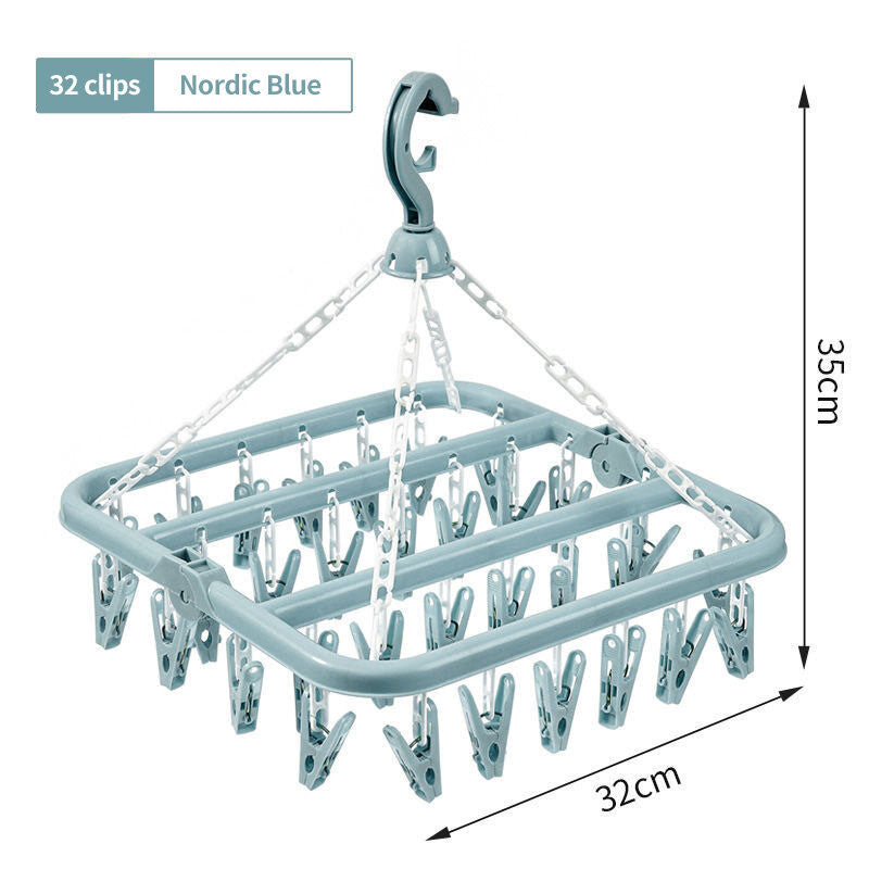 (HOME+) Folding Hanging Clothes Rack With 32 Clips and Multifunctional Windproof and Sun Drying Clothes Rack