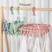 (HOME+) Folding Hanging Clothes Rack With 32 Clips and Multifunctional Windproof and Sun Drying Clothes Rack