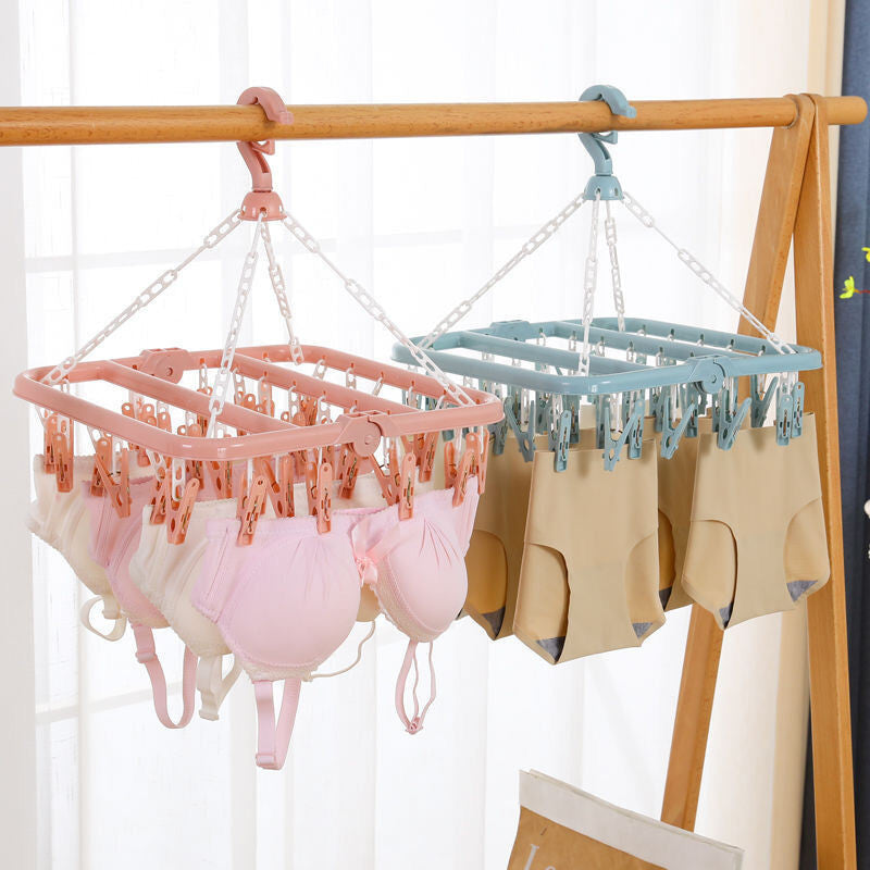 (HOME+) Folding Hanging Clothes Rack With 32 Clips and Multifunctional Windproof and Sun Drying Clothes Rack