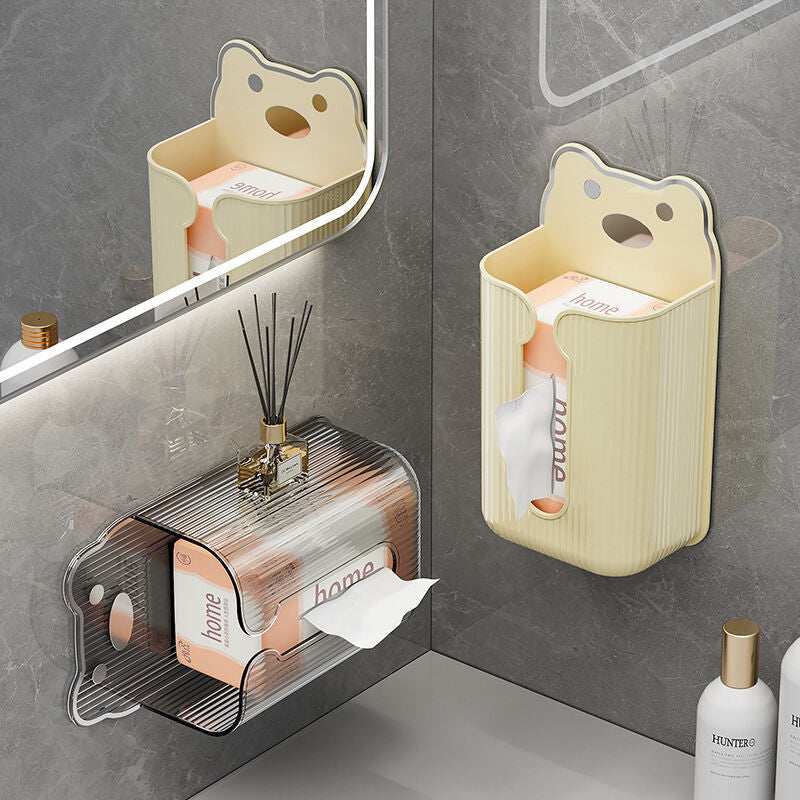 (HOME+) Bathroom Tissue Box Bathroom Washcloth Teddy Bear Storage Box Wall Mounted Kitchen Toilet Paper Drawer Box