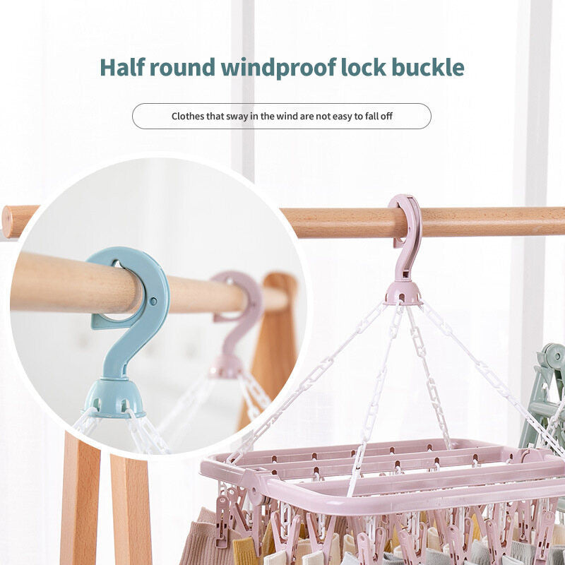 (HOME+) Folding Hanging Clothes Rack With 32 Clips and Multifunctional Windproof and Sun Drying Clothes Rack