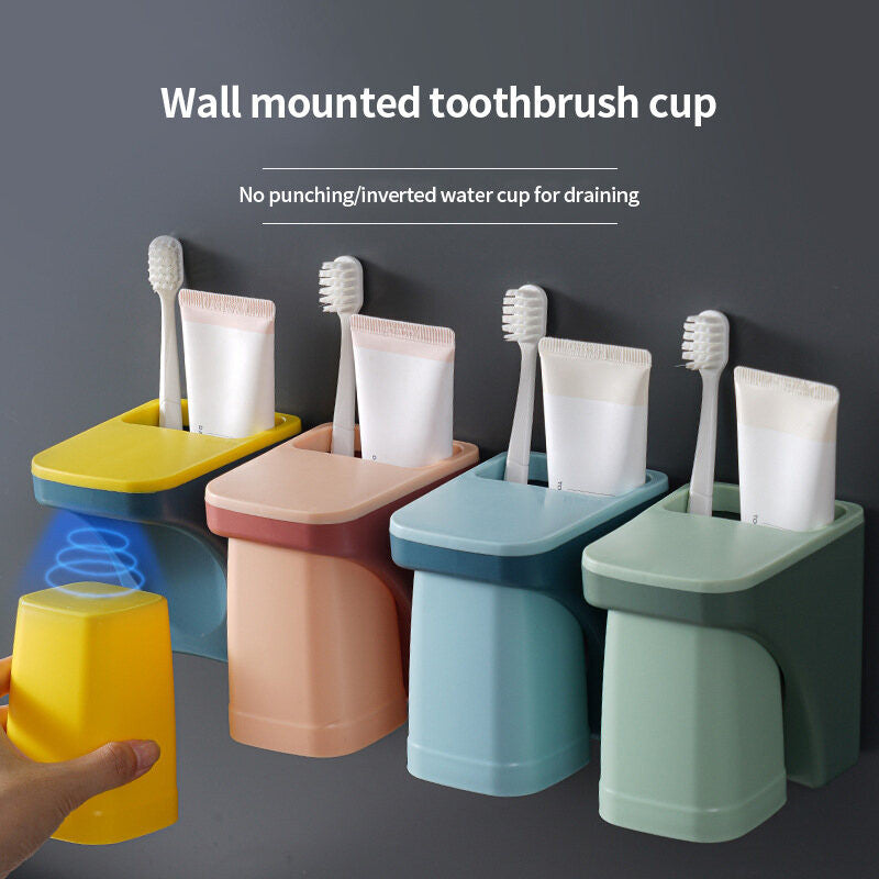 (HOME+) Magnetic Wall Mounted Toothbrush Mouthwash Cup Set
