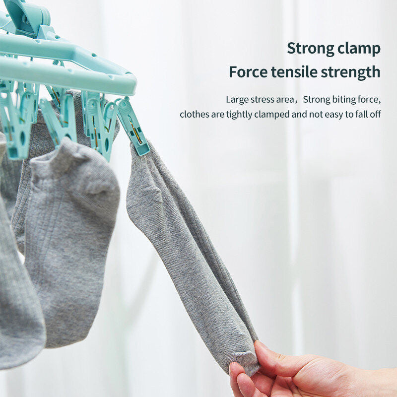 (HOME+) Folding Hanging Clothes Rack With 32 Clips and Multifunctional Windproof and Sun Drying Clothes Rack