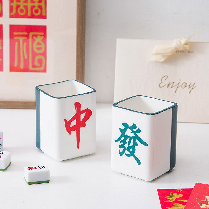 (HOME+) Mahjong Ceramic Cup Vintage Chinese mug Creative Design Gift Single Cup Coffee Cup Water Cup