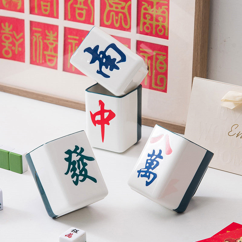 (HOME+) Mahjong Ceramic Cup Vintage Chinese mug Creative Design Gift Single Cup Coffee Cup Water Cup