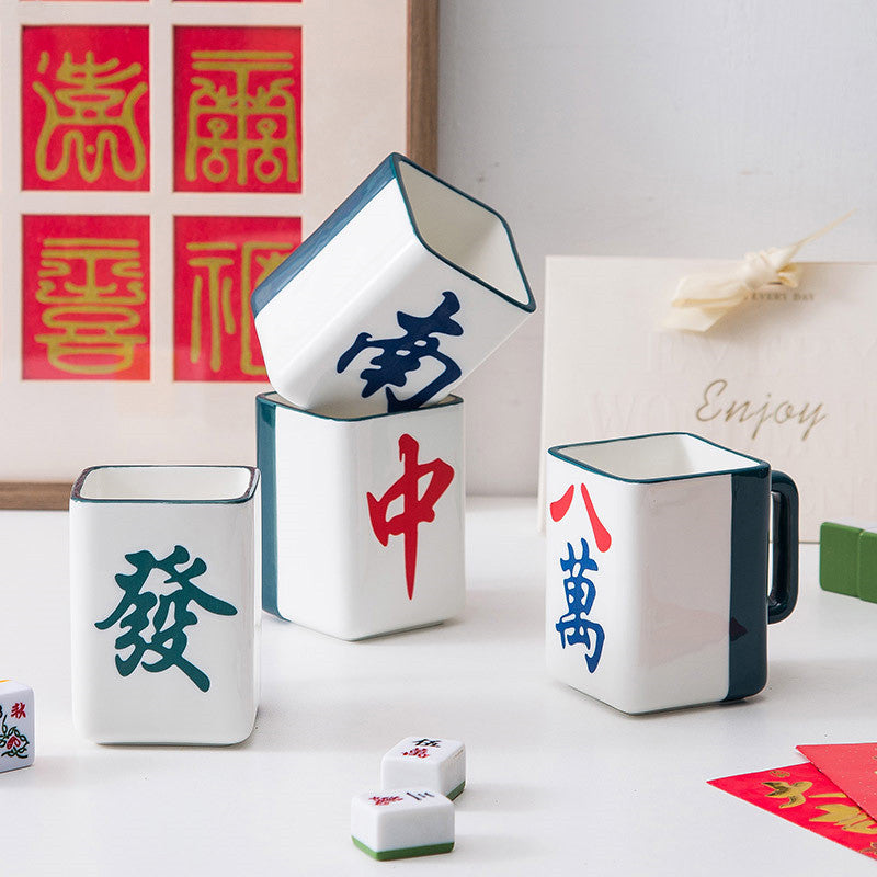 (HOME+) Mahjong Ceramic Cup Vintage Chinese mug Creative Design Gift Single Cup Coffee Cup Water Cup