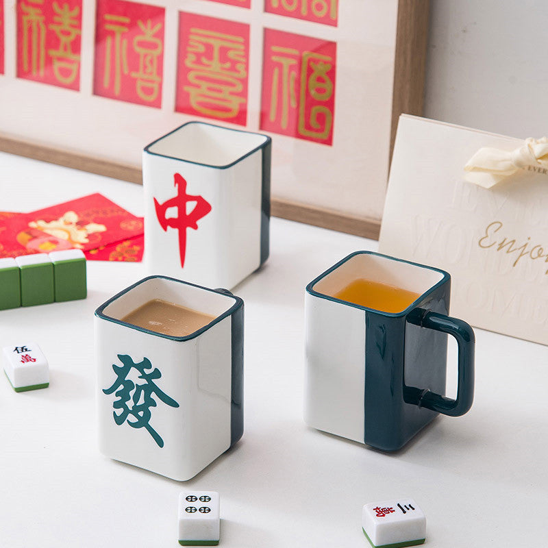 (HOME+) Mahjong Ceramic Cup Vintage Chinese mug Creative Design Gift Single Cup Coffee Cup Water Cup