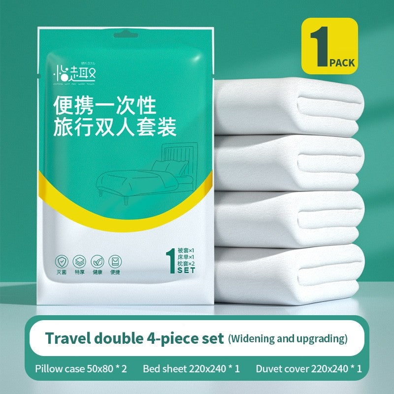 (HOME +) Disposable Bedsheet Cover Pillowcase Set of Four Pieces Hotel Travel