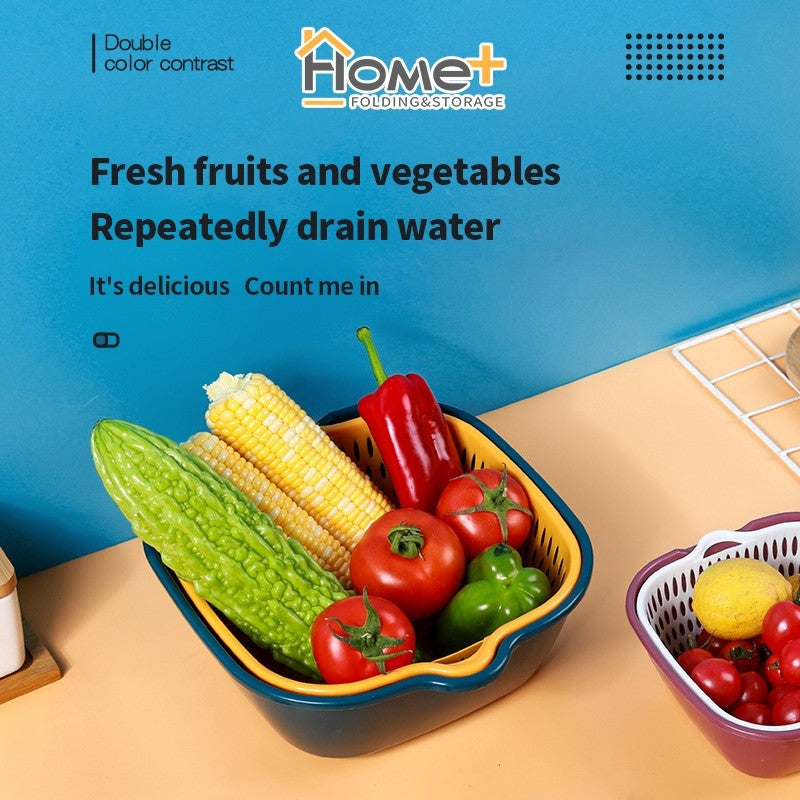 (HOME+) 6PCS Drain Basket Household Vegetable Basket Double Layered Fruit Vegetable Basin