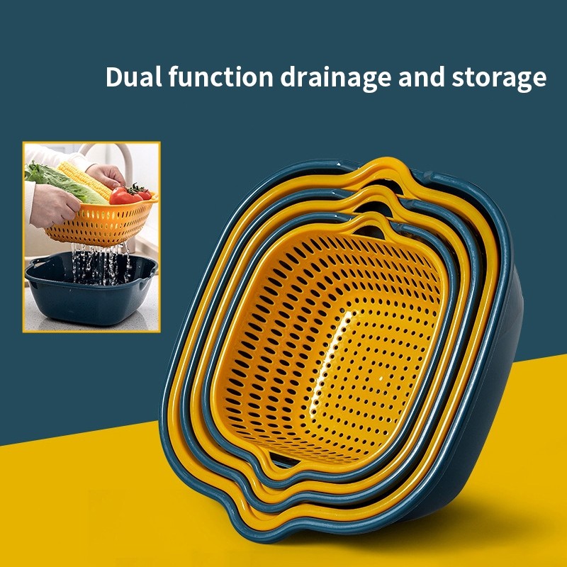 (HOME+) 6PCS Drain Basket Household Vegetable Basket Double Layered Fruit Vegetable Basin