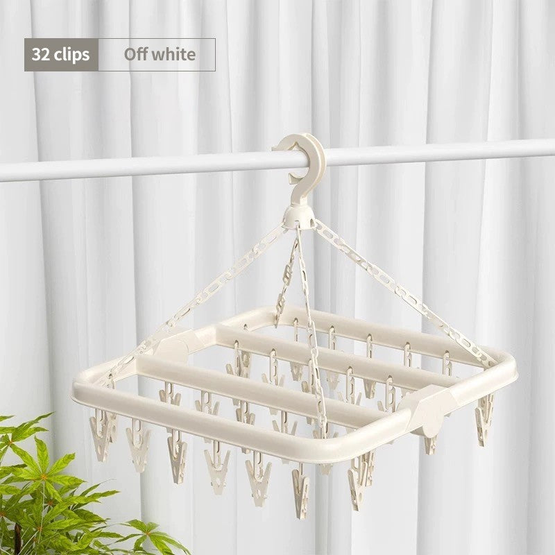 (HOME+) Folding Hanging Clothes Rack With 32 Clips and Multifunctional Windproof and Sun Drying Clothes Rack