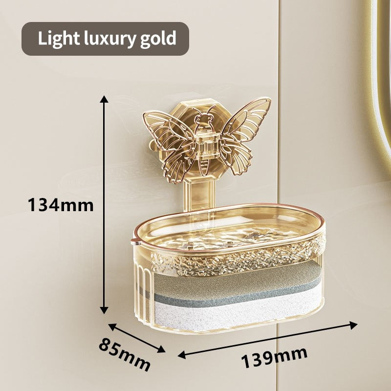 (HOME+) Butterfly Suction Cup Non Perforated Soap Box Double-layer Soap Drain Storage Rack Wall Mounted