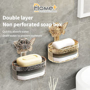 (HOME+) Butterfly Suction Cup Non Perforated Soap Box Double-layer Soap Drain Storage Rack Wall Mounted