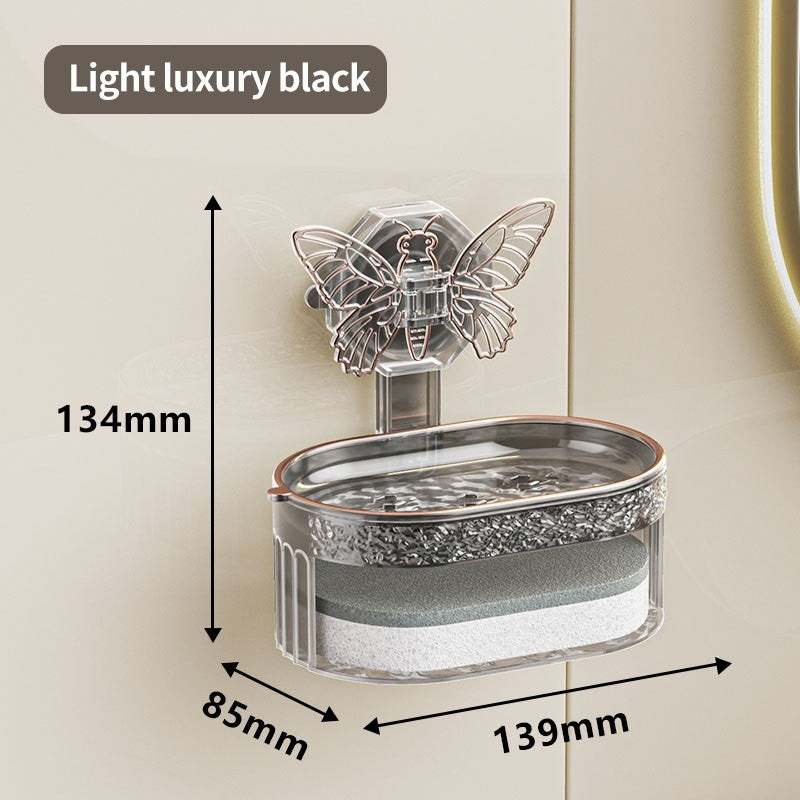 (HOME+) Butterfly Suction Cup Non Perforated Soap Box Double-layer Soap Drain Storage Rack Wall Mounted