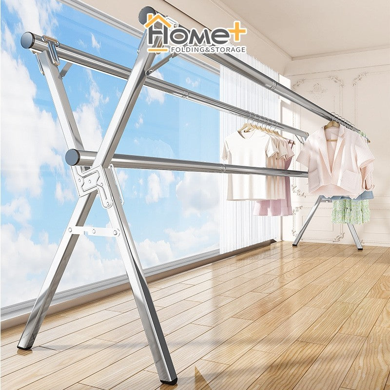 (HOME+) Folding Clothes Rack Floor Standing Indoor and Outdoor Clothes Drying Pole