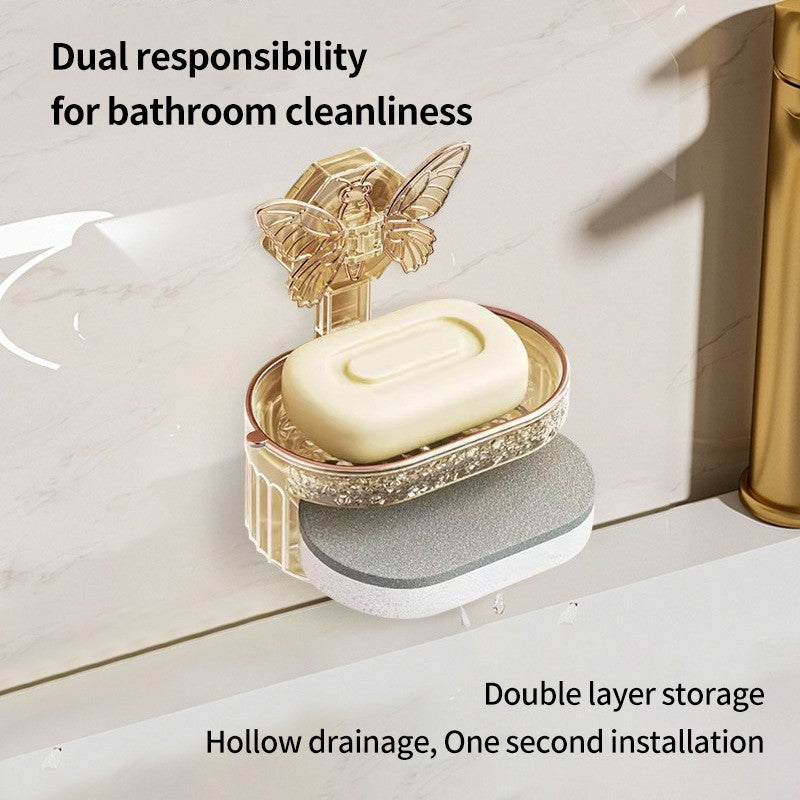 (HOME+) Butterfly Suction Cup Non Perforated Soap Box Double-layer Soap Drain Storage Rack Wall Mounted