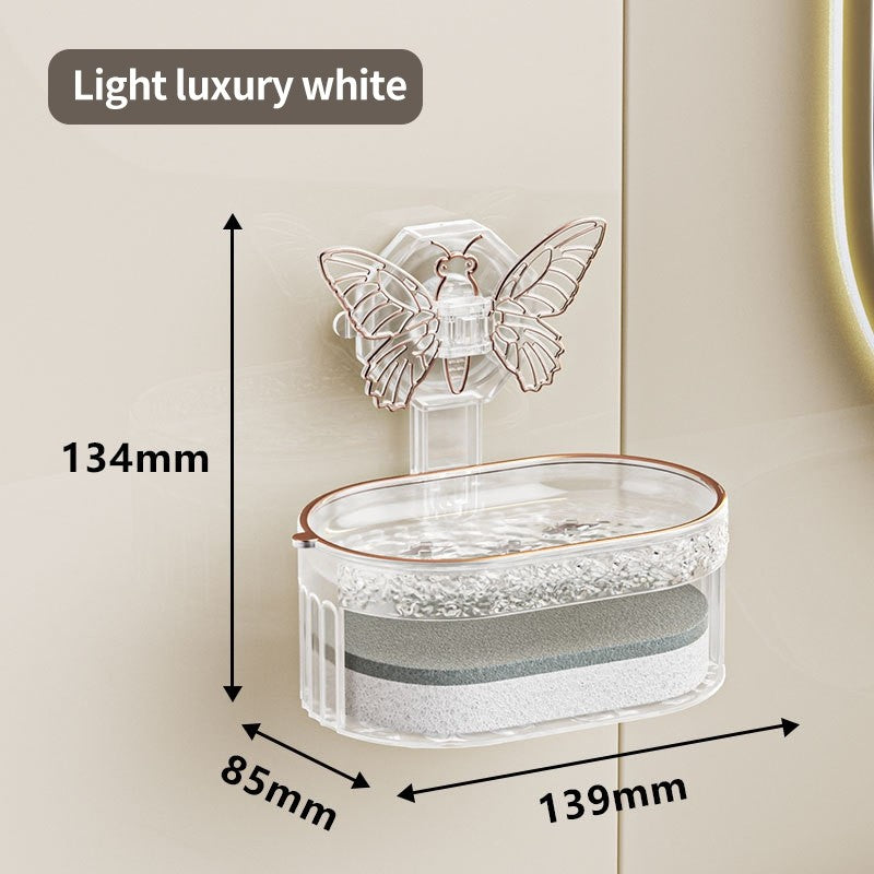 (HOME+) Butterfly Suction Cup Non Perforated Soap Box Double-layer Soap Drain Storage Rack Wall Mounted